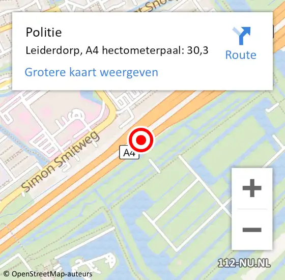 Locatie op kaart van de 112 melding: Politie Leiderdorp, A4 hectometerpaal: 30,3 op 15 december 2024 06:20