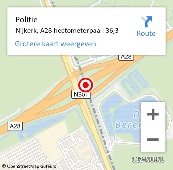 Locatie op kaart van de 112 melding: Politie Nijkerk, A28 hectometerpaal: 36,3 op 15 december 2024 06:40