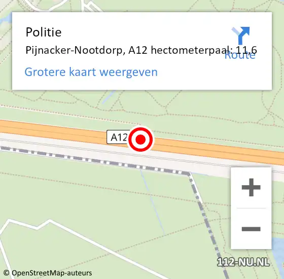 Locatie op kaart van de 112 melding: Politie Pijnacker-Nootdorp, A12 hectometerpaal: 11,6 op 15 december 2024 07:46