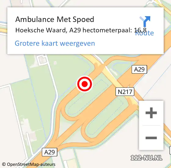 Locatie op kaart van de 112 melding: Ambulance Met Spoed Naar Hoeksche Waard, A29 hectometerpaal: 16,8 op 15 december 2024 13:47