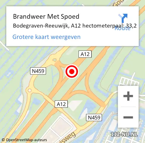 Locatie op kaart van de 112 melding: Brandweer Met Spoed Naar Bodegraven-Reeuwijk, A12 hectometerpaal: 33,2 op 15 december 2024 13:54