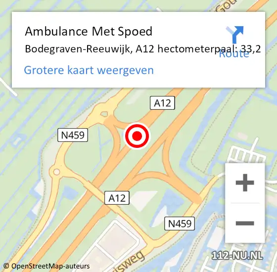 Locatie op kaart van de 112 melding: Ambulance Met Spoed Naar Bodegraven-Reeuwijk, A12 hectometerpaal: 33,2 op 15 december 2024 14:11