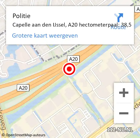 Locatie op kaart van de 112 melding: Politie Capelle aan den IJssel, A20 hectometerpaal: 38,5 op 15 december 2024 15:23