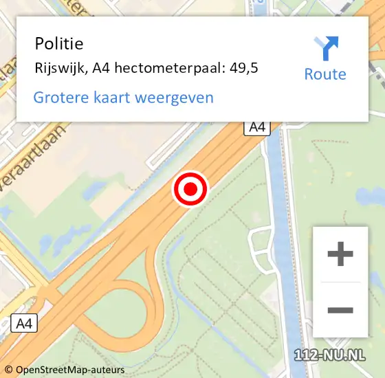 Locatie op kaart van de 112 melding: Politie Rijswijk, A4 hectometerpaal: 49,5 op 15 december 2024 15:54