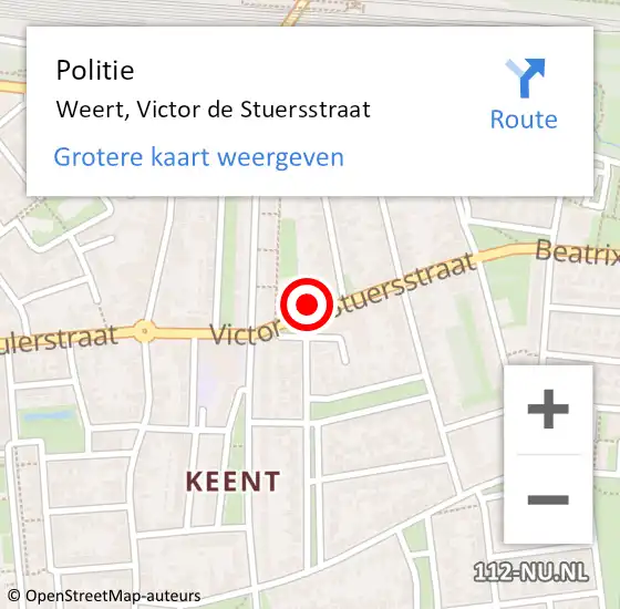 Locatie op kaart van de 112 melding: Politie Weert, Victor de Stuersstraat op 15 december 2024 17:18