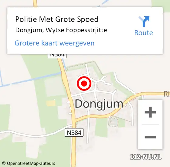 Locatie op kaart van de 112 melding: Politie Met Grote Spoed Naar Dongjum, Wytse Foppesstrjitte op 15 december 2024 21:06