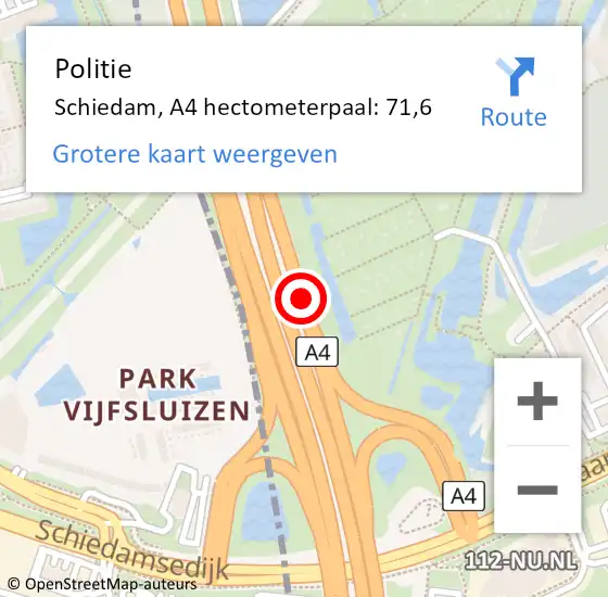 Locatie op kaart van de 112 melding: Politie Schiedam, A4 hectometerpaal: 71,6 op 15 december 2024 21:42