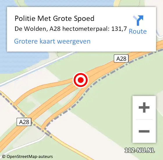 Locatie op kaart van de 112 melding: Politie Met Grote Spoed Naar De Wolden, A28 hectometerpaal: 131,7 op 15 december 2024 23:26