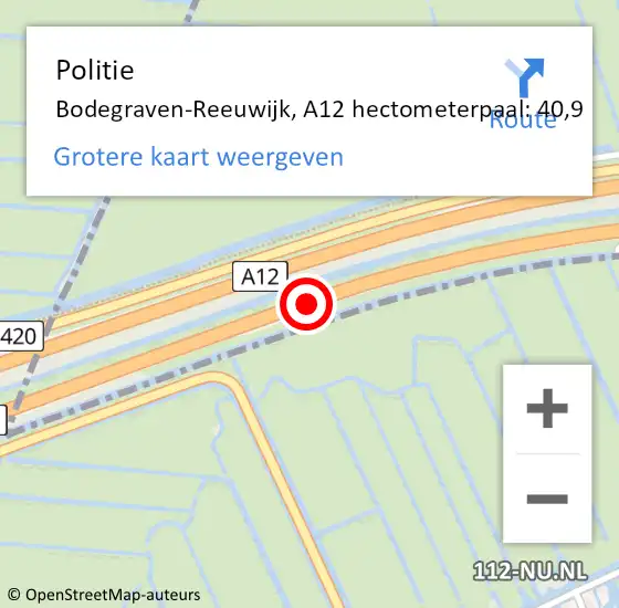 Locatie op kaart van de 112 melding: Politie Bodegraven-Reeuwijk, A12 hectometerpaal: 40,9 op 16 december 2024 06:41