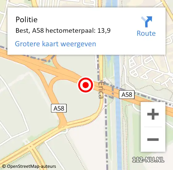 Locatie op kaart van de 112 melding: Politie Best, A58 hectometerpaal: 13,9 op 16 december 2024 06:48