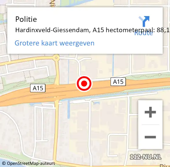 Locatie op kaart van de 112 melding: Politie Hardinxveld-Giessendam, A15 hectometerpaal: 88,1 op 16 december 2024 08:42