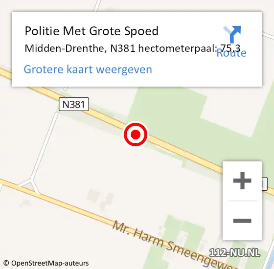 Locatie op kaart van de 112 melding: Politie Met Grote Spoed Naar Midden-Drenthe, N381 hectometerpaal: 75,3 op 16 december 2024 10:01