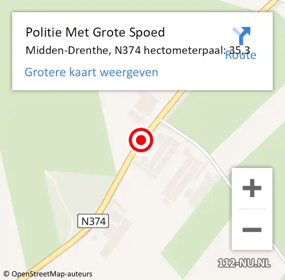 Locatie op kaart van de 112 melding: Politie Met Grote Spoed Naar Midden-Drenthe, N374 hectometerpaal: 35,3 op 16 december 2024 10:46