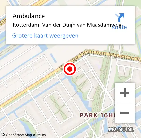 Locatie op kaart van de 112 melding: Ambulance Rotterdam, Van der Duijn van Maasdamweg op 16 december 2024 11:06