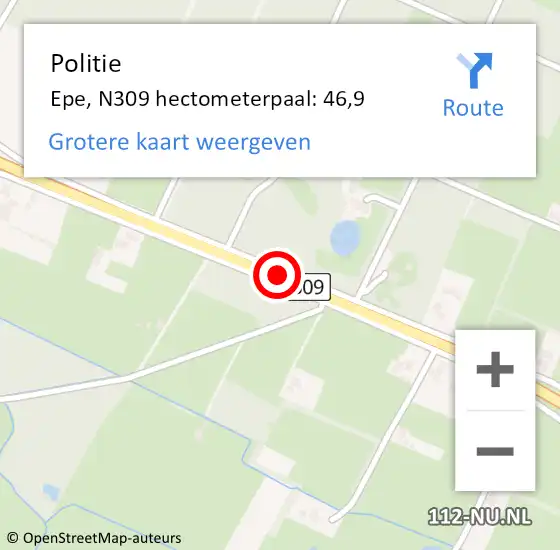 Locatie op kaart van de 112 melding: Politie Epe, N309 hectometerpaal: 46,9 op 16 december 2024 11:42