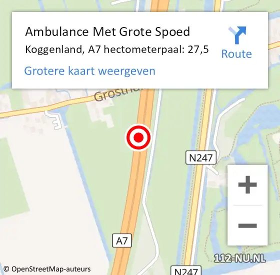 Locatie op kaart van de 112 melding: Ambulance Met Grote Spoed Naar Koggenland, A7 hectometerpaal: 27,5 op 16 december 2024 12:39