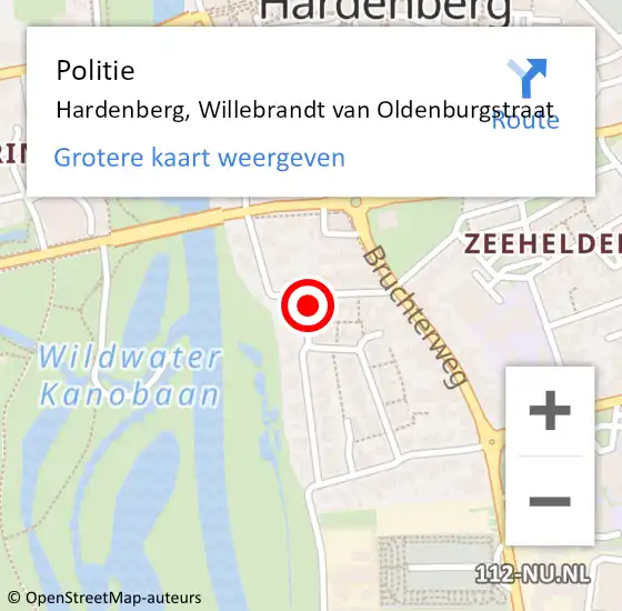 Locatie op kaart van de 112 melding: Politie Hardenberg, Willebrandt van Oldenburgstraat op 16 december 2024 13:24