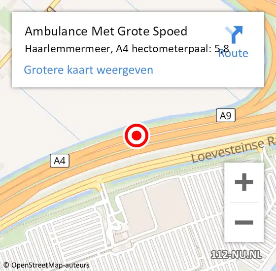 Locatie op kaart van de 112 melding: Ambulance Met Grote Spoed Naar Haarlemmermeer, A4 hectometerpaal: 5,8 op 16 december 2024 15:57