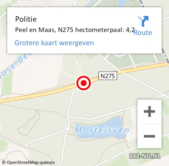 Locatie op kaart van de 112 melding: Politie Peel en Maas, N275 hectometerpaal: 4,2 op 16 december 2024 17:56