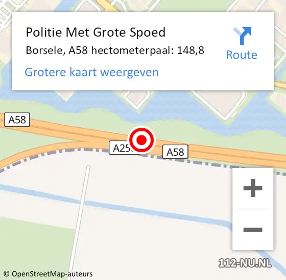 Locatie op kaart van de 112 melding: Politie Met Grote Spoed Naar Borsele, A58 hectometerpaal: 148,8 op 16 december 2024 18:07