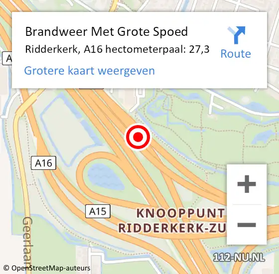 Locatie op kaart van de 112 melding: Brandweer Met Grote Spoed Naar Ridderkerk, A16 hectometerpaal: 27,3 op 17 december 2024 05:08