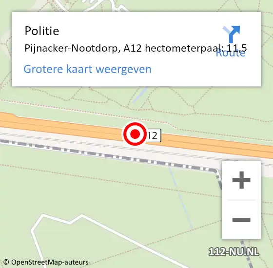 Locatie op kaart van de 112 melding: Politie Pijnacker-Nootdorp, A12 hectometerpaal: 11,5 op 17 december 2024 06:13