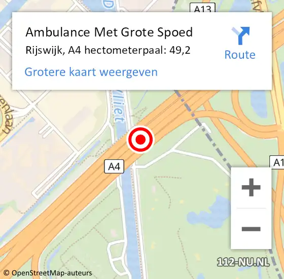 Locatie op kaart van de 112 melding: Ambulance Met Grote Spoed Naar Rijswijk, A4 hectometerpaal: 49,2 op 17 december 2024 06:18