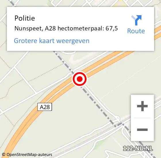 Locatie op kaart van de 112 melding: Politie Nunspeet, A28 hectometerpaal: 67,5 op 17 december 2024 06:43