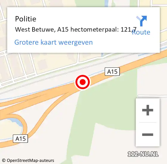 Locatie op kaart van de 112 melding: Politie West Betuwe, A15 hectometerpaal: 121,7 op 17 december 2024 08:25