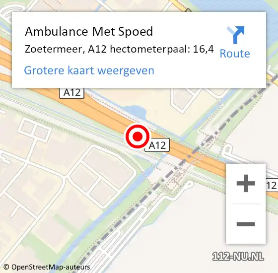 Locatie op kaart van de 112 melding: Ambulance Met Spoed Naar Zoetermeer, A12 hectometerpaal: 16,4 op 17 december 2024 08:43