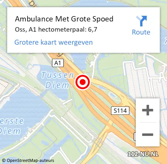 Locatie op kaart van de 112 melding: Ambulance Met Grote Spoed Naar Oss, A1 hectometerpaal: 6,7 op 17 december 2024 09:39