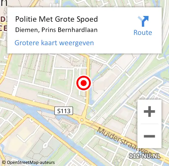 Locatie op kaart van de 112 melding: Politie Met Grote Spoed Naar Diemen, Prins Bernhardlaan op 17 december 2024 10:06