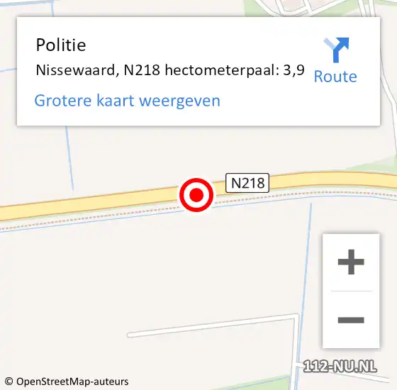 Locatie op kaart van de 112 melding: Politie Nissewaard, N218 hectometerpaal: 3,9 op 17 december 2024 14:30