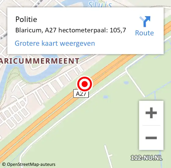 Locatie op kaart van de 112 melding: Politie Blaricum, A27 hectometerpaal: 105,7 op 17 december 2024 18:16