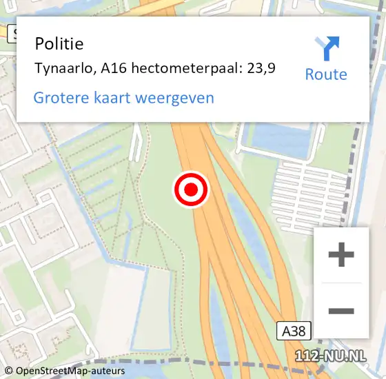 Locatie op kaart van de 112 melding: Politie Ridderkerk, A16 hectometerpaal: 23,9 op 17 december 2024 18:22