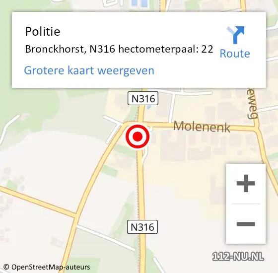 Locatie op kaart van de 112 melding: Politie Bronckhorst, N316 hectometerpaal: 22 op 18 december 2024 05:47