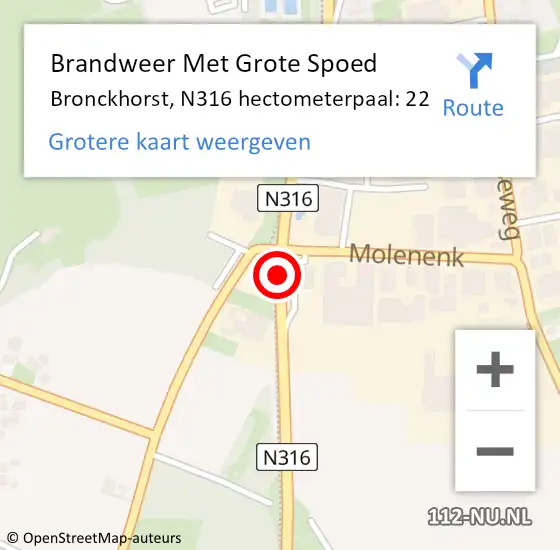 Locatie op kaart van de 112 melding: Brandweer Met Grote Spoed Naar Bronckhorst, N316 hectometerpaal: 22 op 18 december 2024 05:51