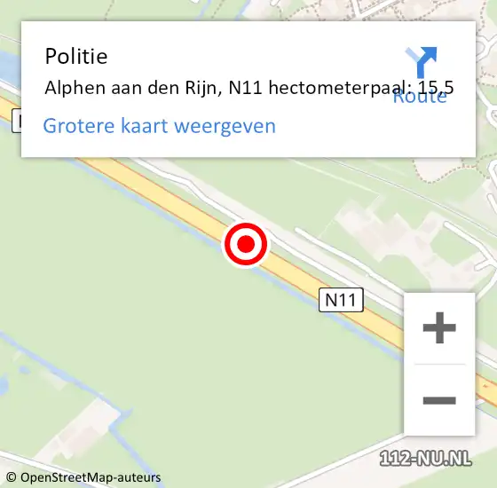 Locatie op kaart van de 112 melding: Politie Alphen aan den Rijn, N11 hectometerpaal: 15,5 op 18 december 2024 06:55