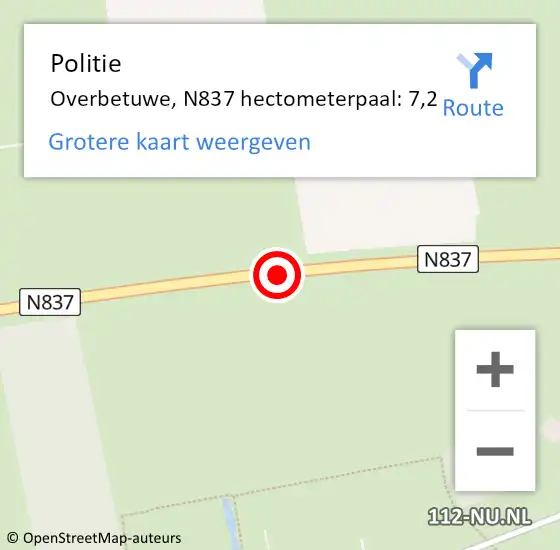 Locatie op kaart van de 112 melding: Politie Overbetuwe, N837 hectometerpaal: 7,2 op 18 december 2024 07:03