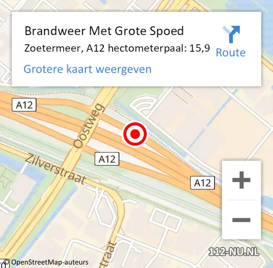 Locatie op kaart van de 112 melding: Brandweer Met Grote Spoed Naar Zoetermeer, A12 hectometerpaal: 15,9 op 18 december 2024 07:22