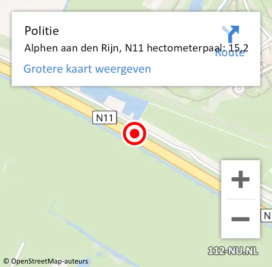 Locatie op kaart van de 112 melding: Politie Alphen aan den Rijn, N11 hectometerpaal: 15,2 op 18 december 2024 07:25