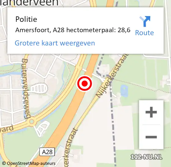 Locatie op kaart van de 112 melding: Politie Amersfoort, A28 hectometerpaal: 28,6 op 18 december 2024 07:53