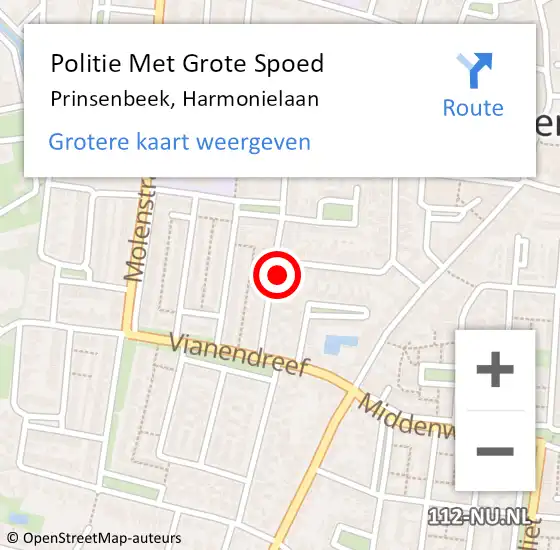 Locatie op kaart van de 112 melding: Politie Met Grote Spoed Naar Prinsenbeek, Harmonielaan op 18 december 2024 09:14