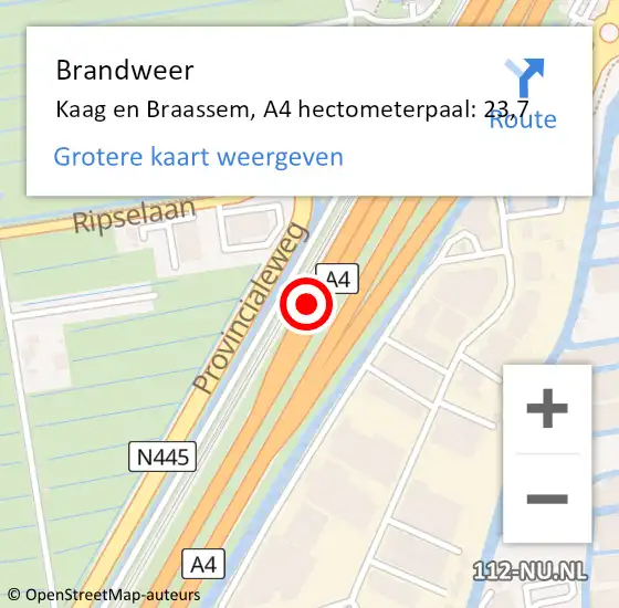 Locatie op kaart van de 112 melding: Brandweer Kaag en Braassem, A4 hectometerpaal: 23,7 op 18 december 2024 10:21