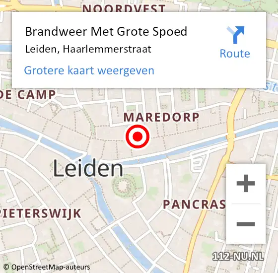 Locatie op kaart van de 112 melding: Brandweer Met Grote Spoed Naar Leiden, Haarlemmerstraat op 18 december 2024 12:11