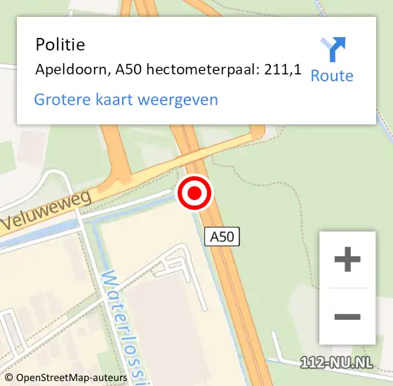 Locatie op kaart van de 112 melding: Politie Apeldoorn, A50 hectometerpaal: 211,1 op 18 december 2024 17:02