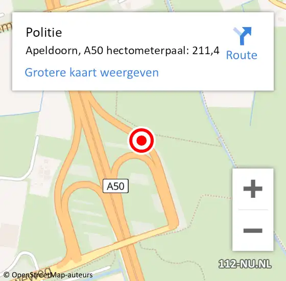 Locatie op kaart van de 112 melding: Politie Apeldoorn, A50 hectometerpaal: 211,4 op 18 december 2024 17:04