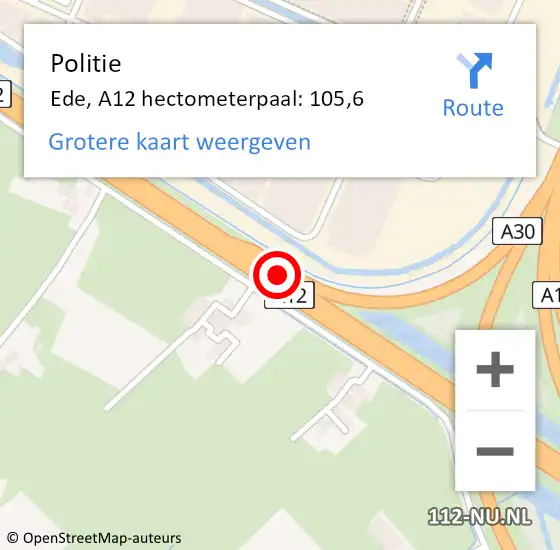 Locatie op kaart van de 112 melding: Politie Ede, A12 hectometerpaal: 105,6 op 18 december 2024 17:29