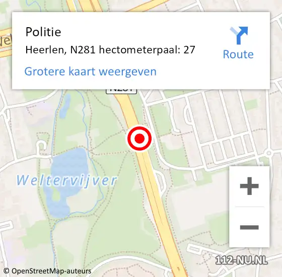 Locatie op kaart van de 112 melding: Politie Heerlen, N281 hectometerpaal: 27 op 18 december 2024 17:38