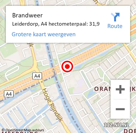 Locatie op kaart van de 112 melding: Brandweer Leiderdorp, A4 hectometerpaal: 31,9 op 18 december 2024 18:17